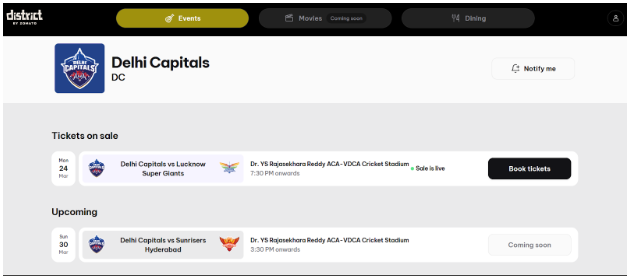 Delhi Capitals match tickets page on District website Delhi Capitals match tickets page on District website