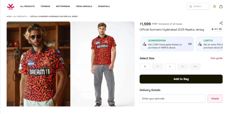 WROGN: Sunrisers Hyderabad 2025 Replica Jersey cart page